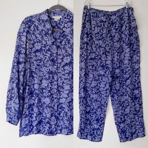 NEW Saks Fifth Avenue Real Clothes Silk Floral 2 Piece Pajama Set L/XL Blue